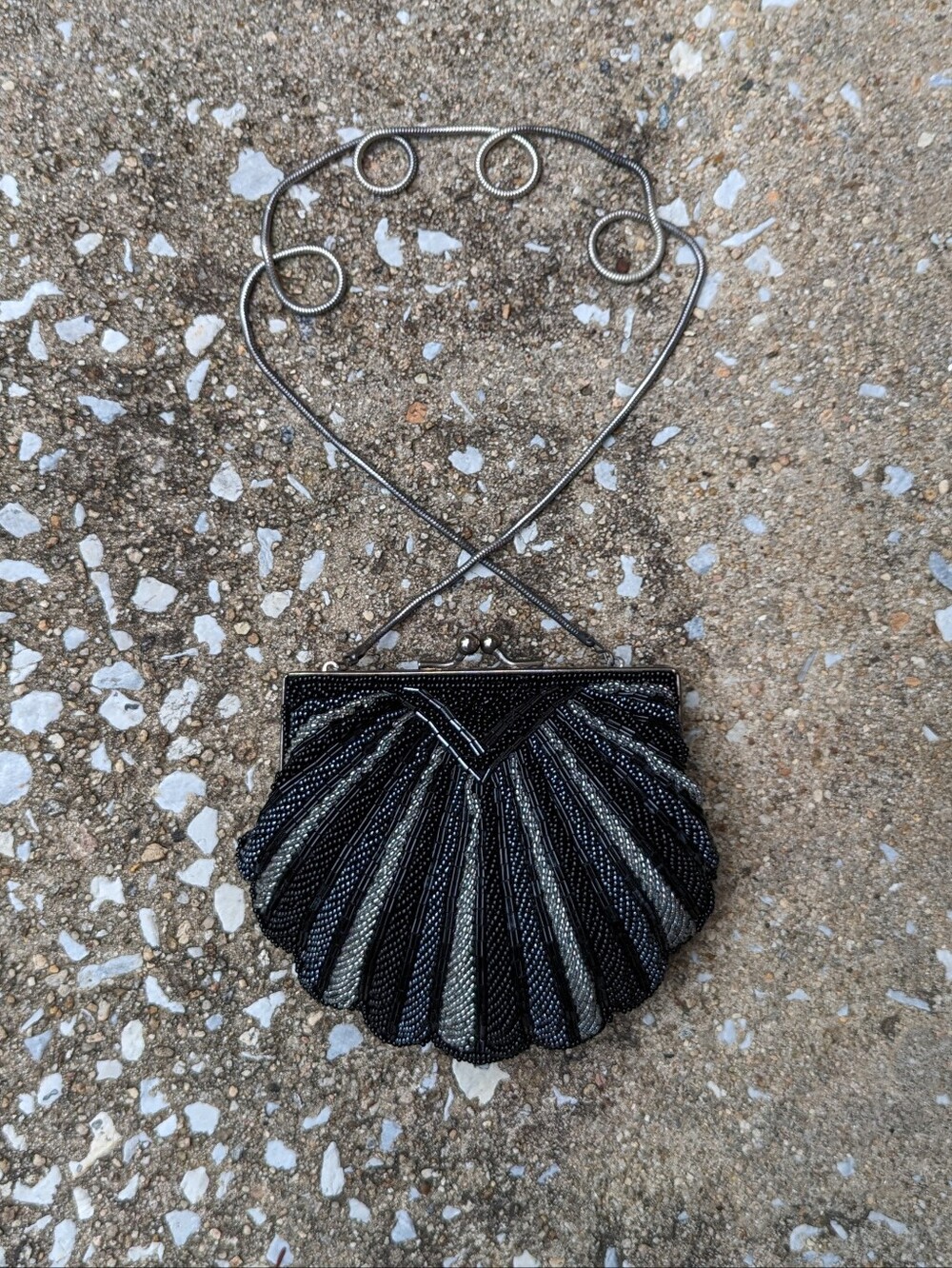 Vintage Black Beaded Shell Evening Clutch